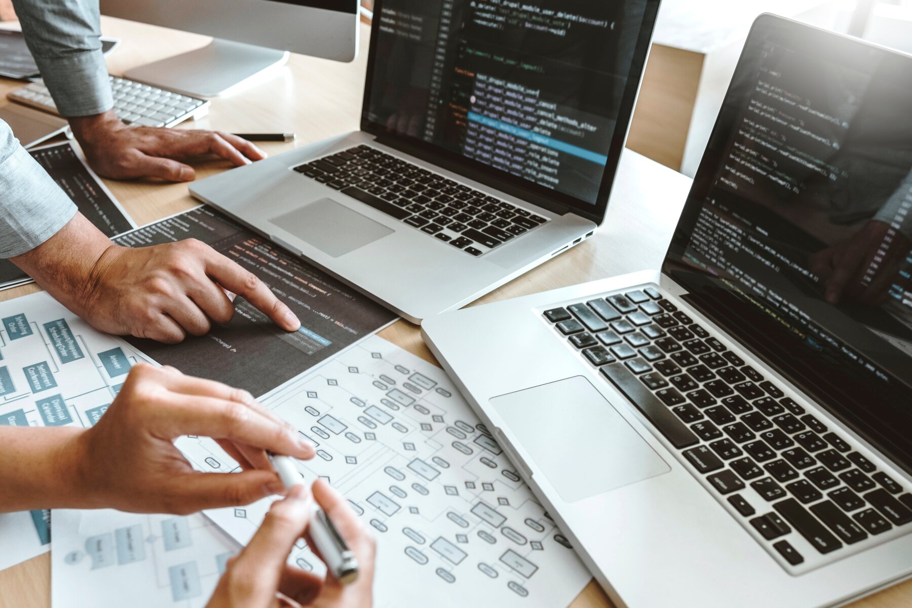 Developers collaborating around laptops on an operations platform